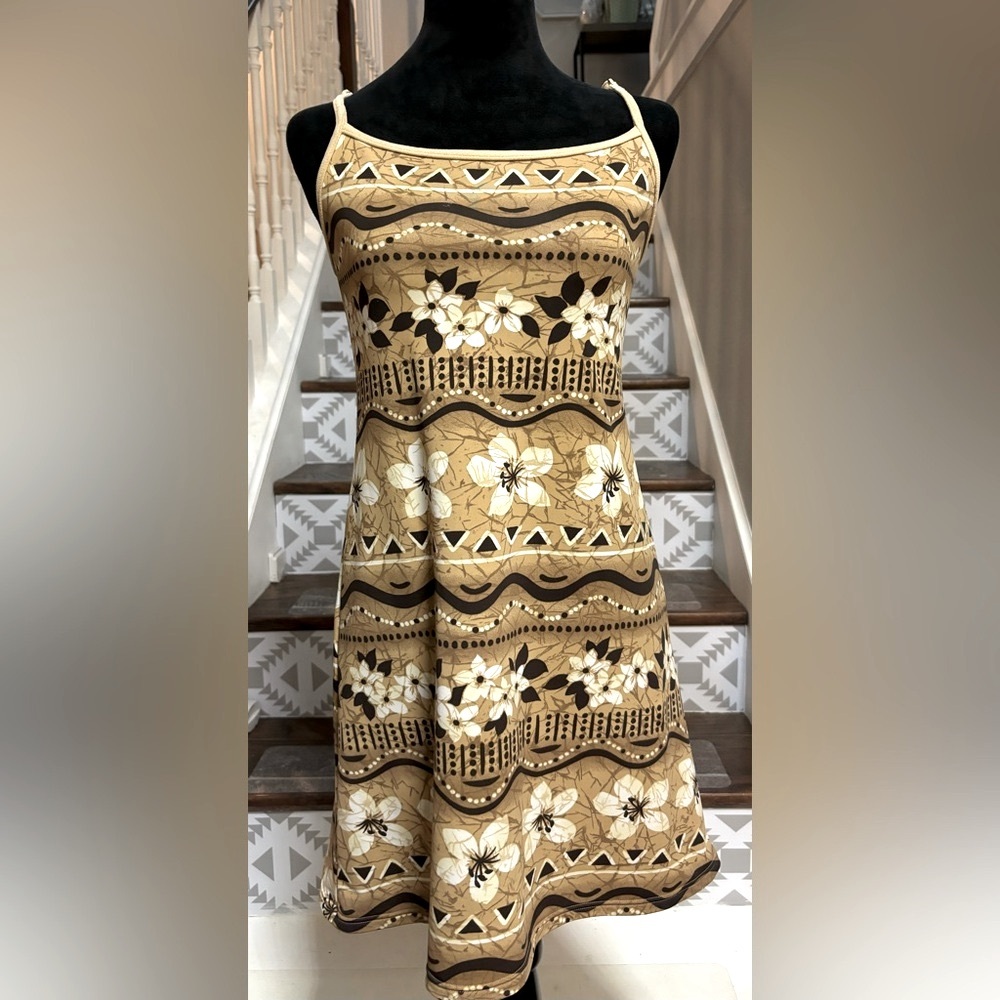 Vintage Brown and Cream Floral Mini Sundress, Large (very small large, see pics)